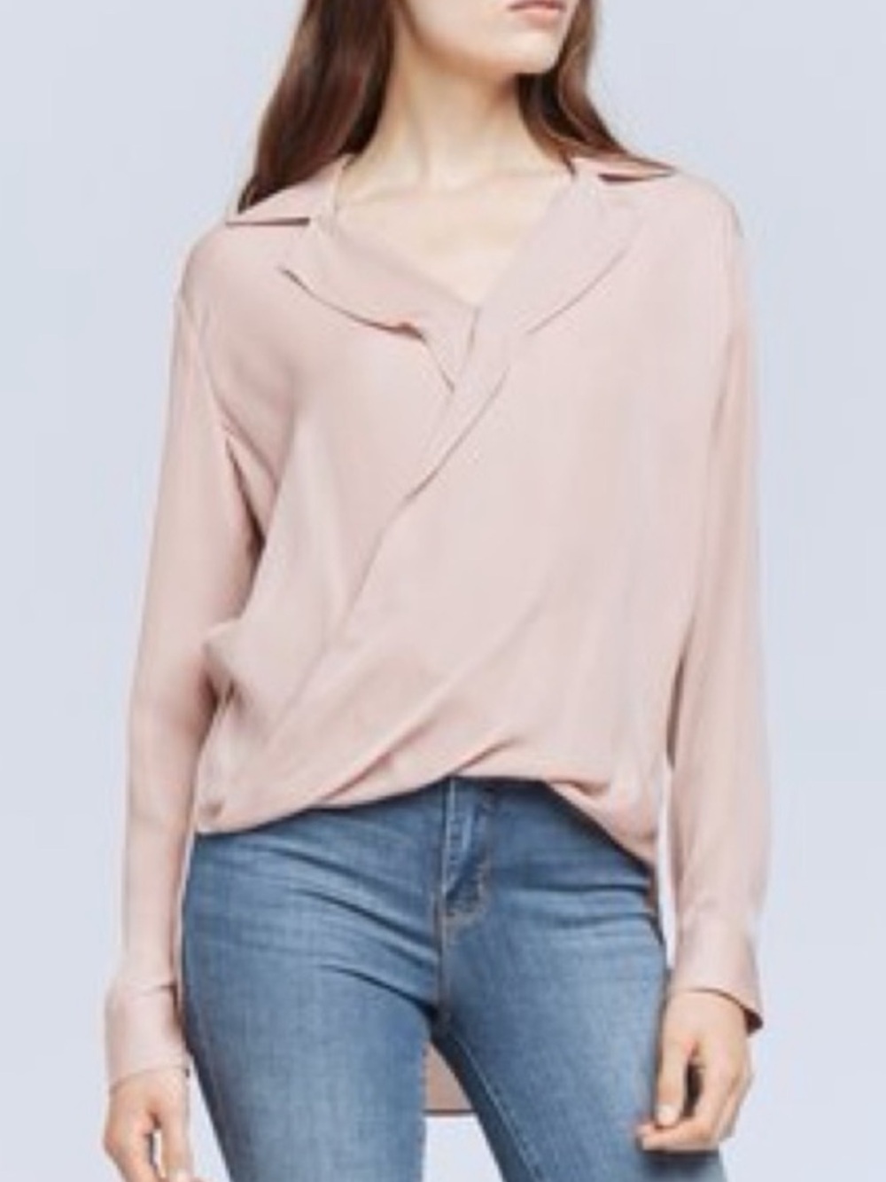 L'AGENCE 100% Silk Draped V-Neck Long Sleeve Blouse, Medium.